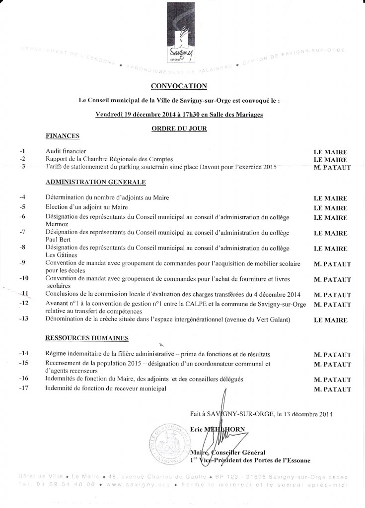 Conseil municipal du 19 décembre 2014. Ordre du jour SavignyAvenir Conseil municipal du 19 décembre 2014. Ordre du jour SavignyAvenir
